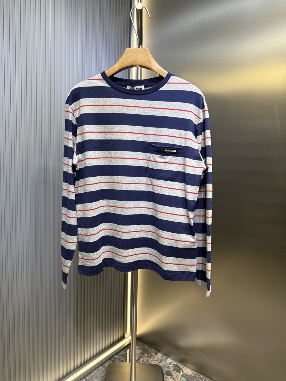 Miu Miu Navy, Gray & Red Striped Long-Sleeve Tee with Chest Pocket